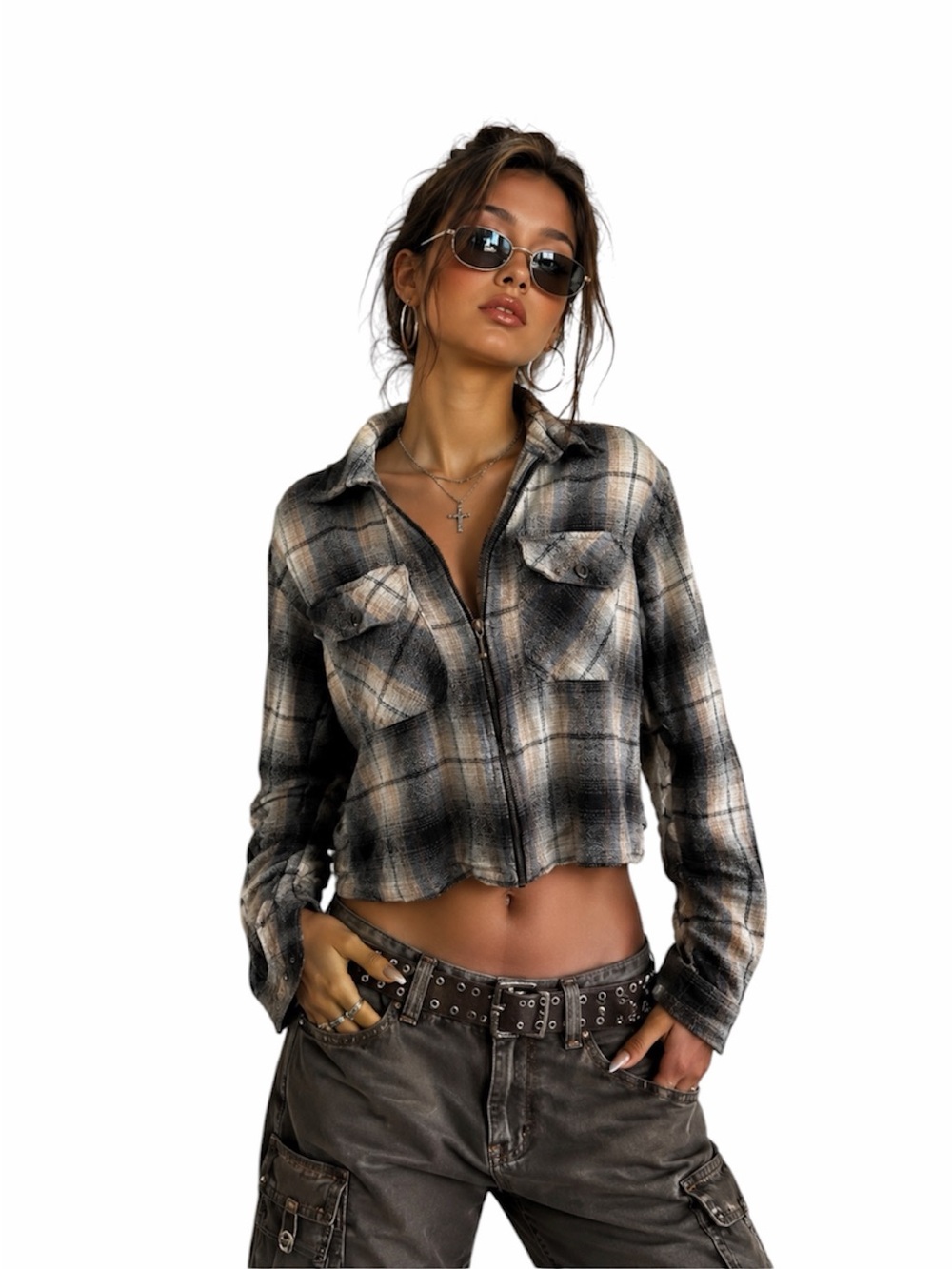 Vintage Stefano Basics Plaid Cropped Zip-Up Flannel Jacket/Shacket